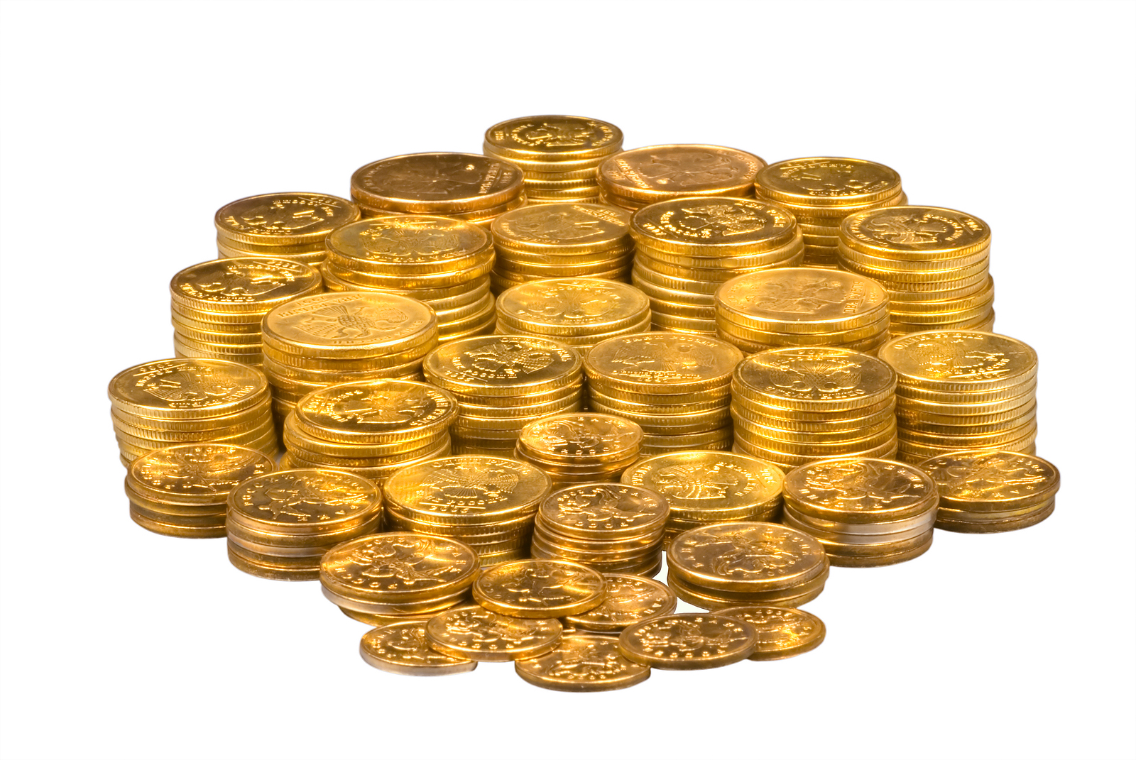 Group of gold coins isolated over white background with clipping path